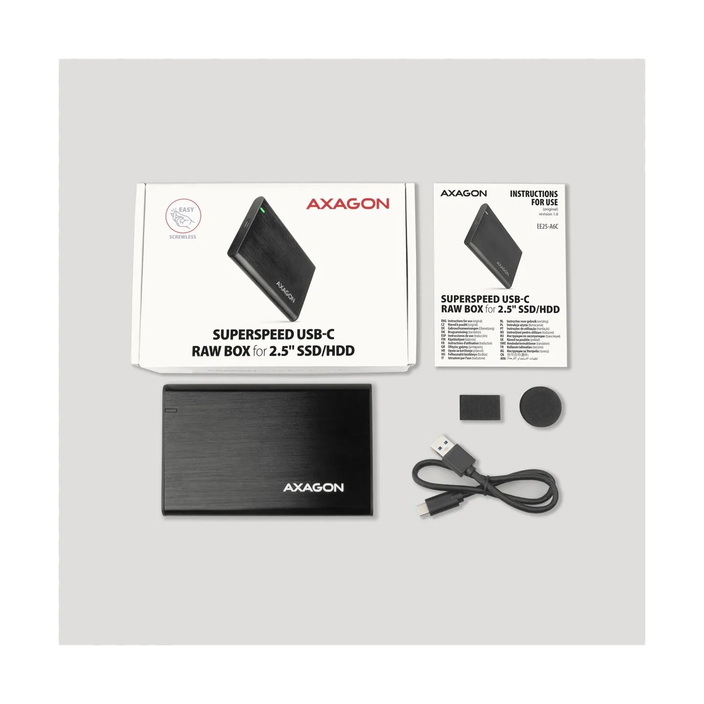 Axagon EE25-A6C USB-C 3.2 Gen 1 - SATA 6G 2.5" External SCREWLESS ALU RAW box BLACK