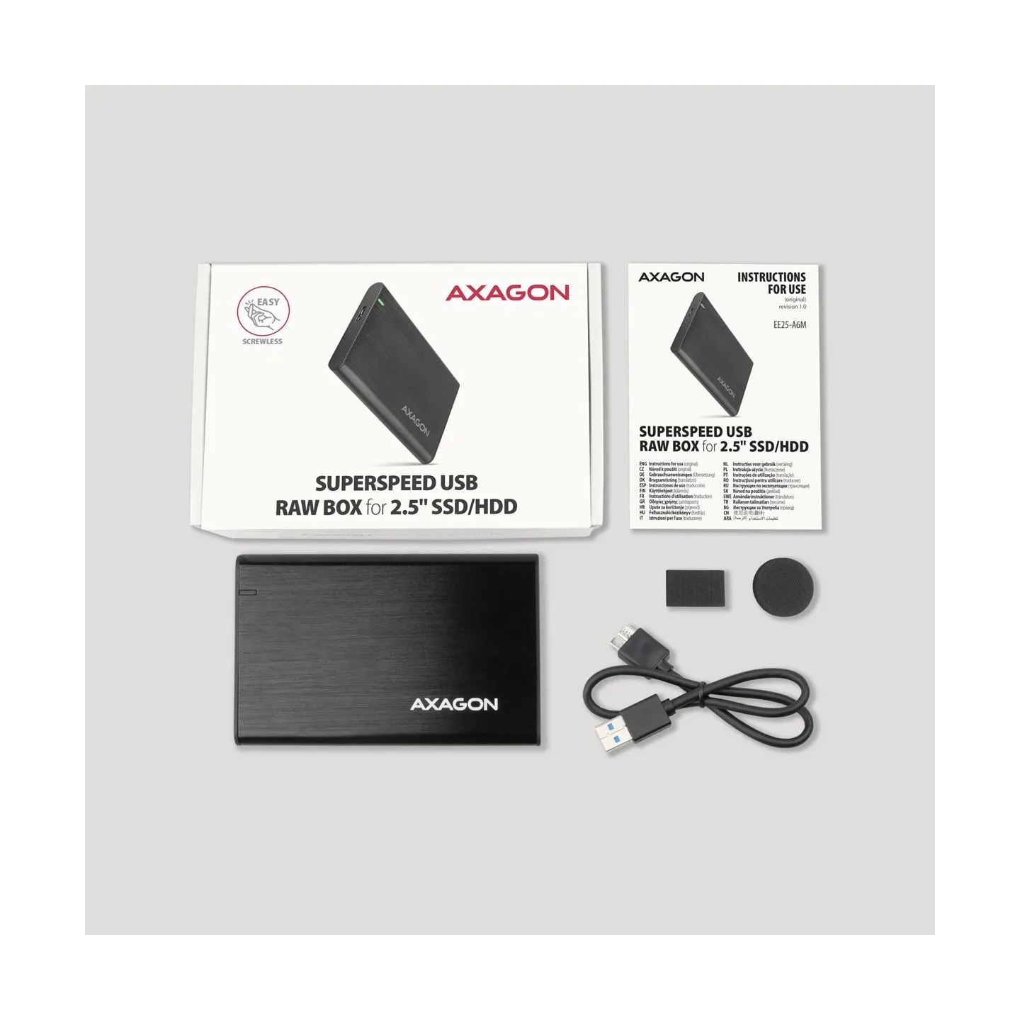 Axagon EE25-A6M USB3.0 - SATA 6G 2.5" External SCREWLESS ALU RAW box BLACK
