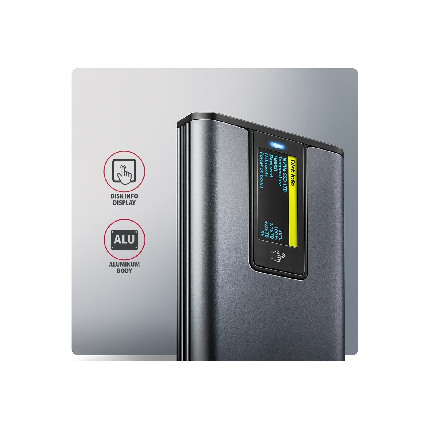 Axagon EEM2-SD2 USB-C 3.2 Gen 2 - M.2 NVMe / SATA SSD 30-80mm ALU box grey, LCD display