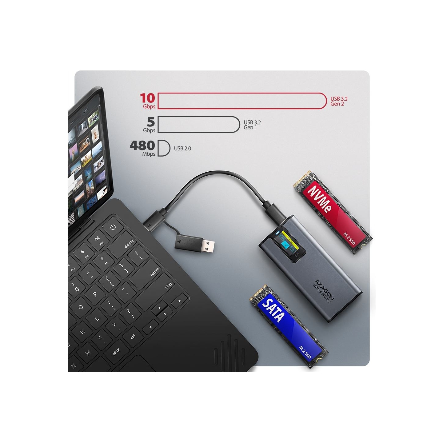 Axagon EEM2-SD2 USB-C 3.2 Gen 2 - M.2 NVMe / SATA SSD 30-80mm ALU box grey, LCD display