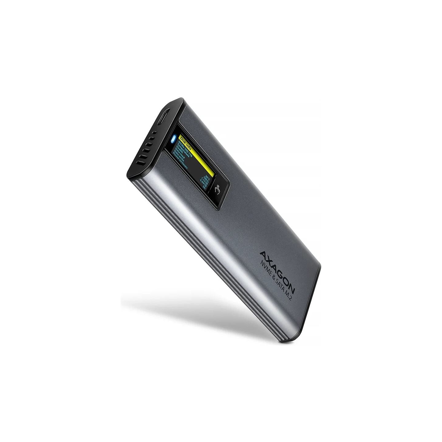 Axagon EEM2-SD2 USB-C 3.2 Gen 2 - M.2 NVMe / SATA SSD 30-80mm ALU box grey, LCD display