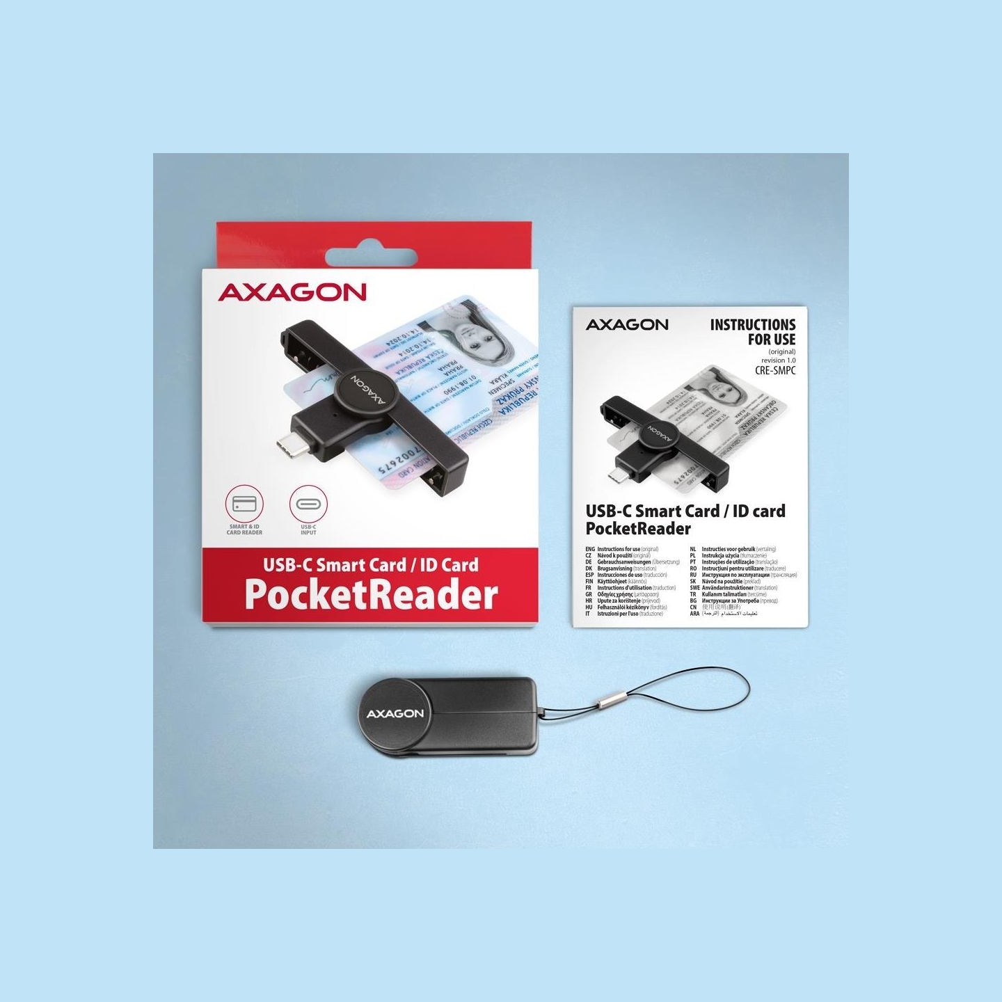 Axagon Foldable pocket USB-C contact Smart / ID card reader.