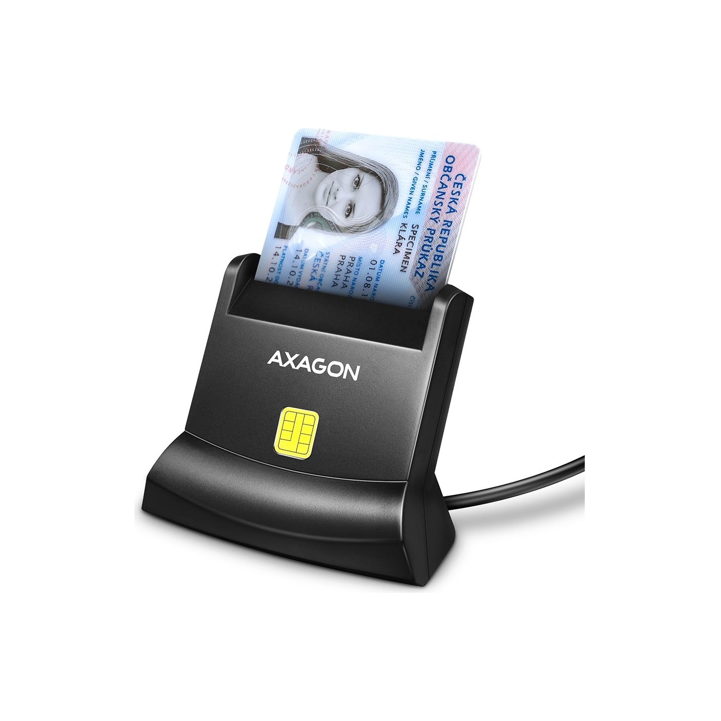 Axagon Universal desktop USB contact Smart/ID card reader with long USB-A cable.