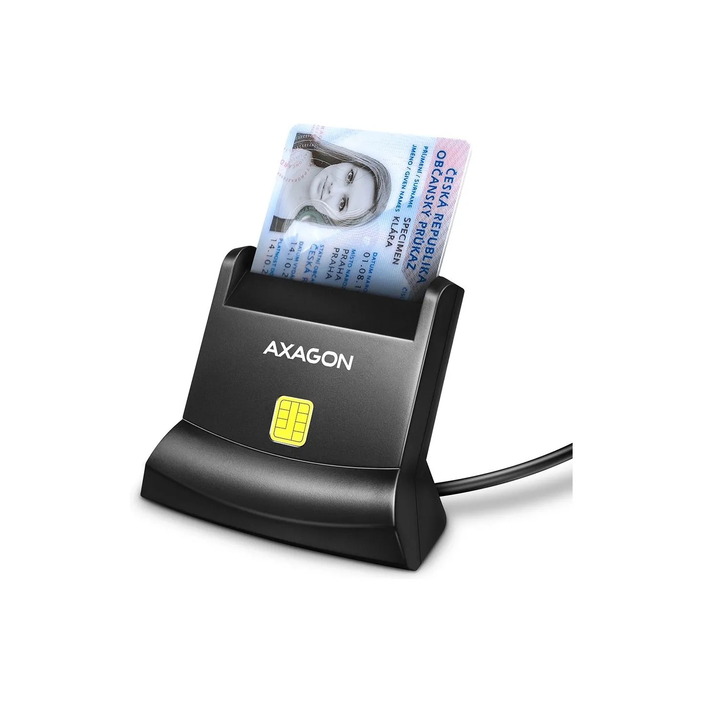 Axagon Universal desktop USB contact Smart/ID card reader with long USB-A cable.