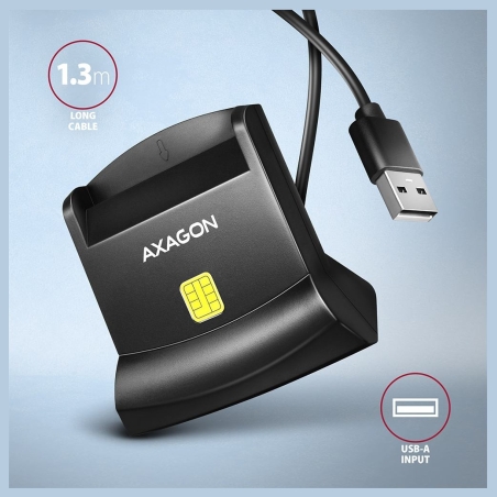 Axagon Universal desktop USB contact Smart/ID card reader with long USB-A cable.