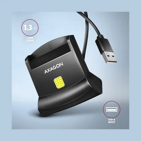 Axagon Universal desktop USB contact Smart/ID card reader with long USB-A cable.