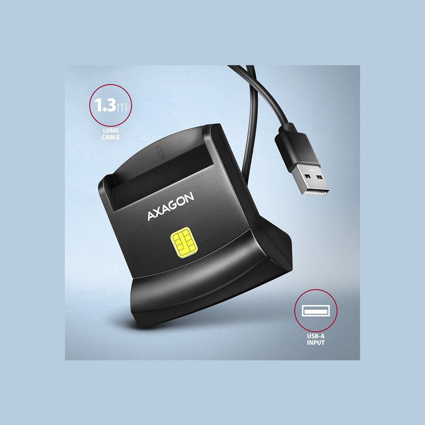 Axagon Universal desktop USB contact Smart/ID card reader with long USB-A cable.
