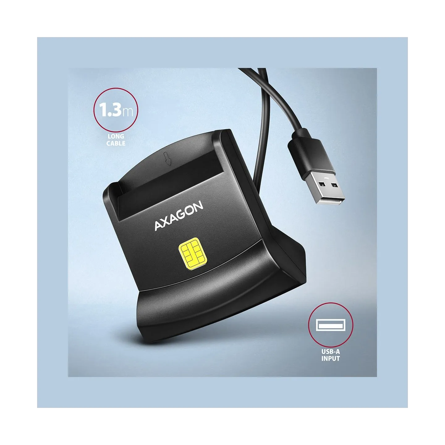 Axagon Universal desktop USB contact Smart/ID card reader with long USB-A cable.