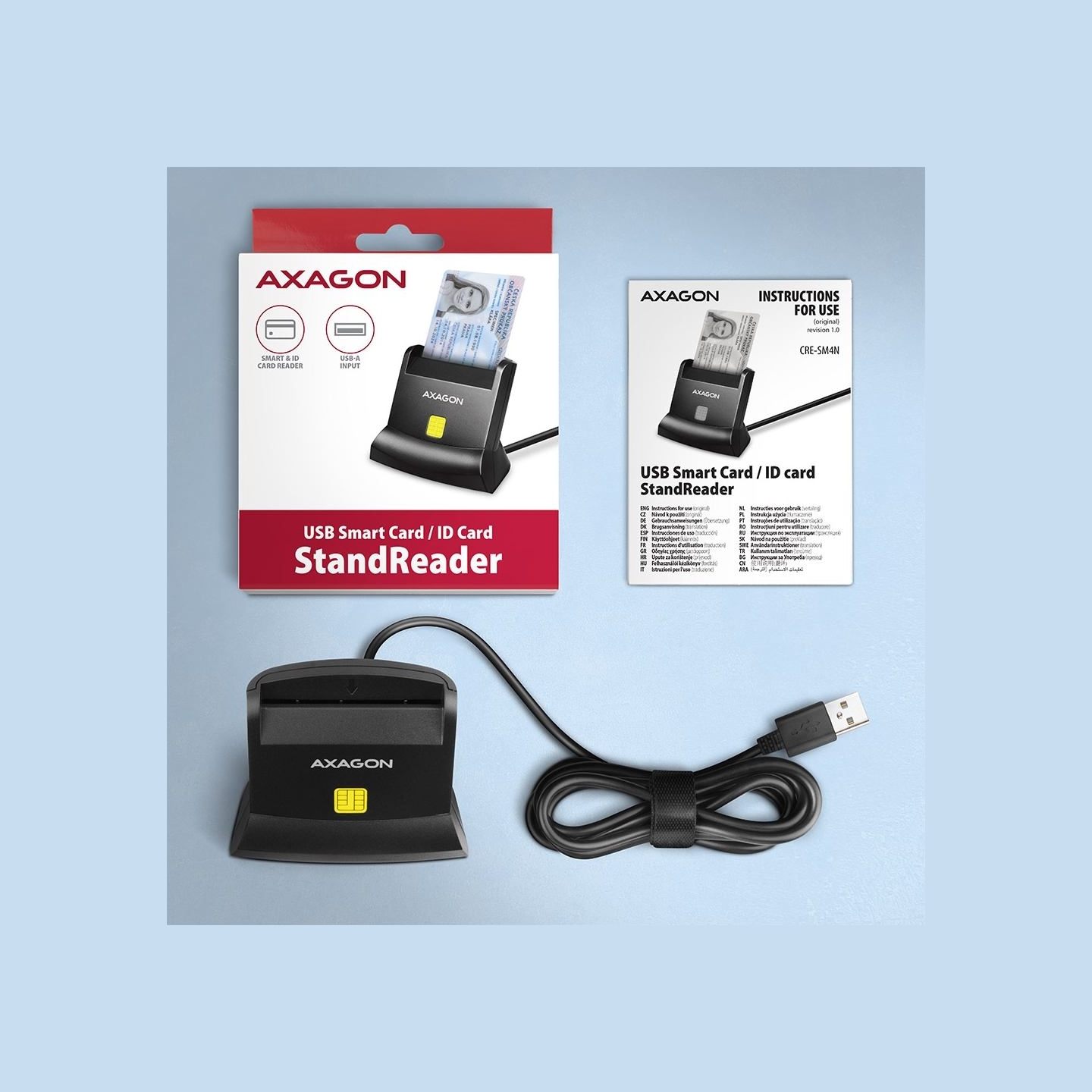 Axagon Universal desktop USB contact Smart/ID card reader with long USB-A cable.