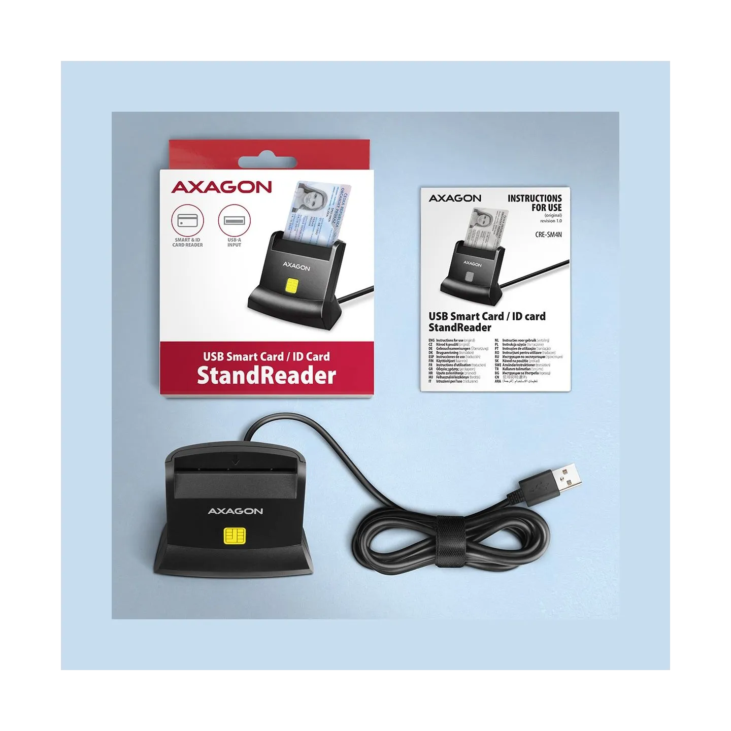 Axagon Universal desktop USB contact Smart/ID card reader with long USB-A cable.