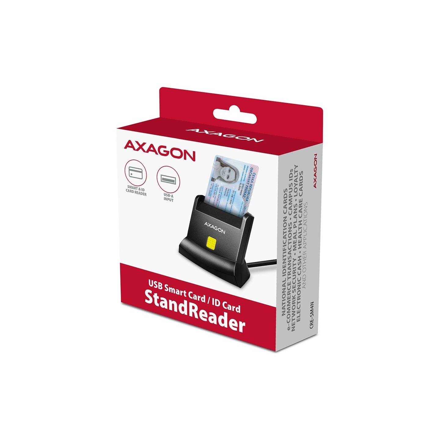 Axagon Universal desktop USB contact Smart/ID card reader with long USB-A cable.