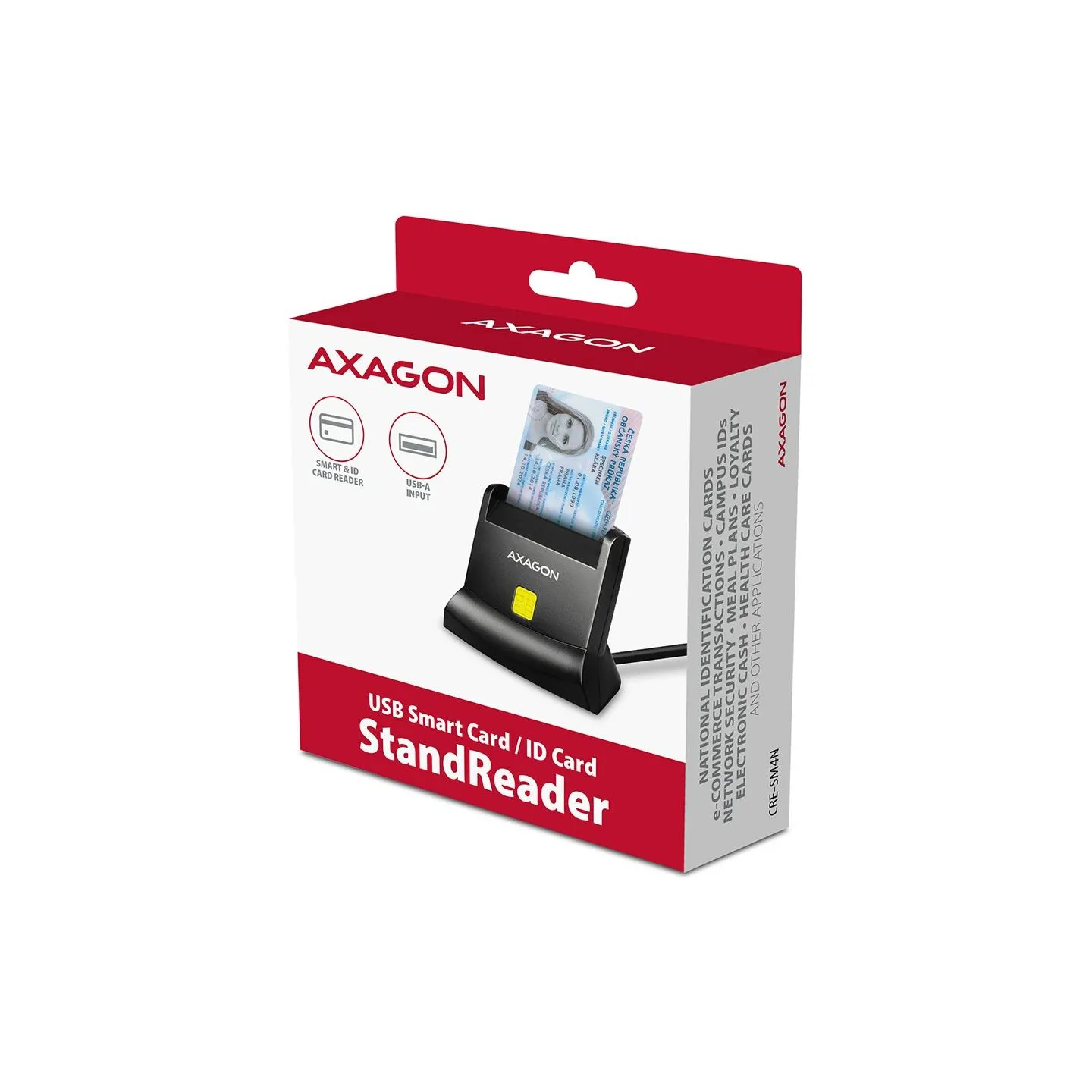 Axagon Universal desktop USB contact Smart/ID card reader with long USB-A cable.