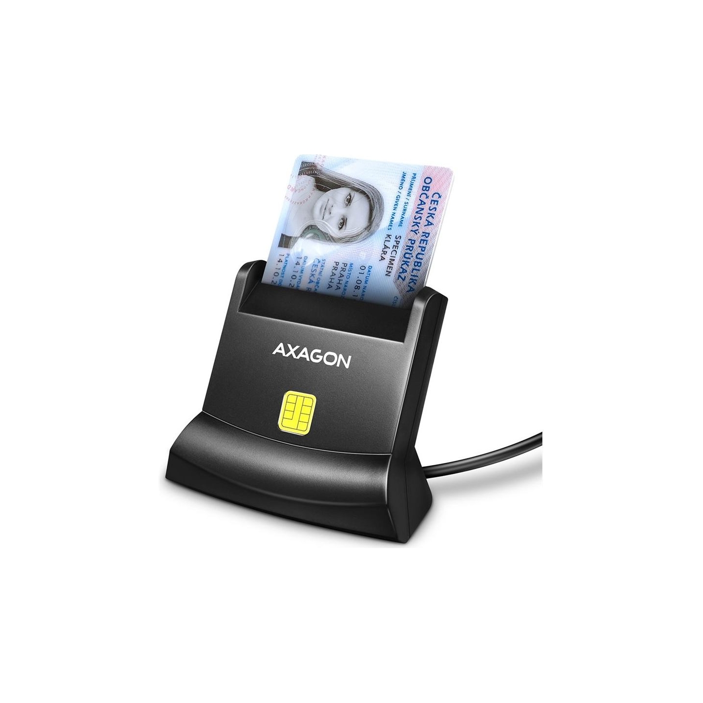 Axagon Universal desktop USB contact Smart/ID card reader with long USB-A cable.