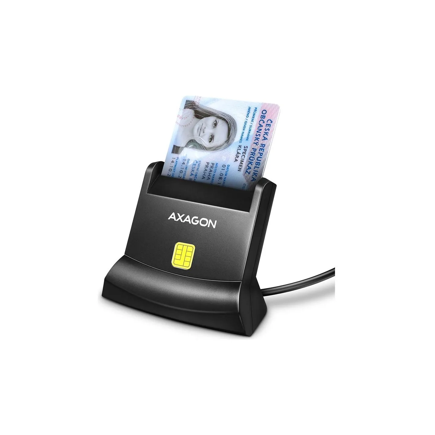 Axagon Universal desktop USB contact Smart/ID card reader with long USB-A cable.