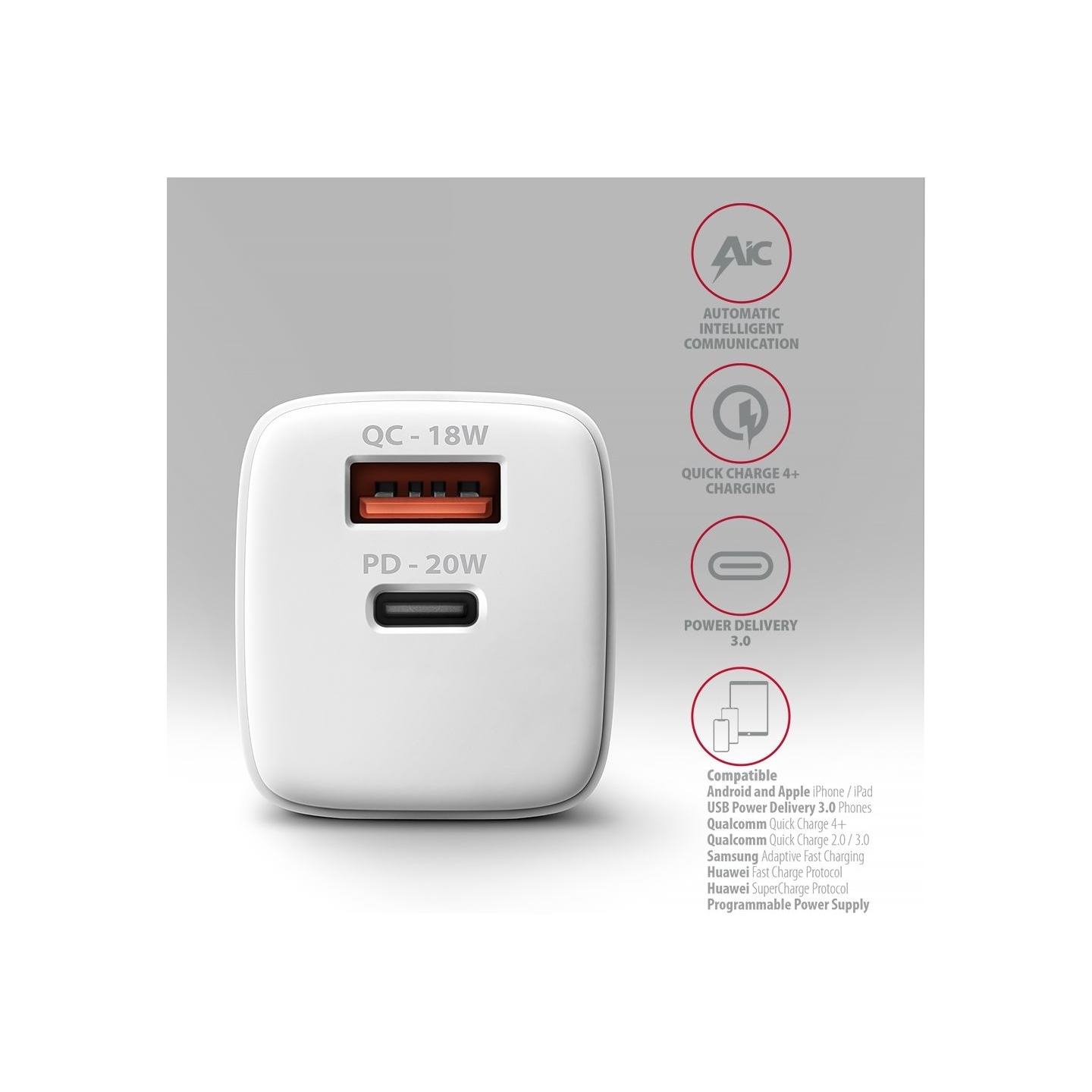 Axagon ACU-PQ20W wall charger QC3.0/AFC/FCP + PD type-C, 20W, white