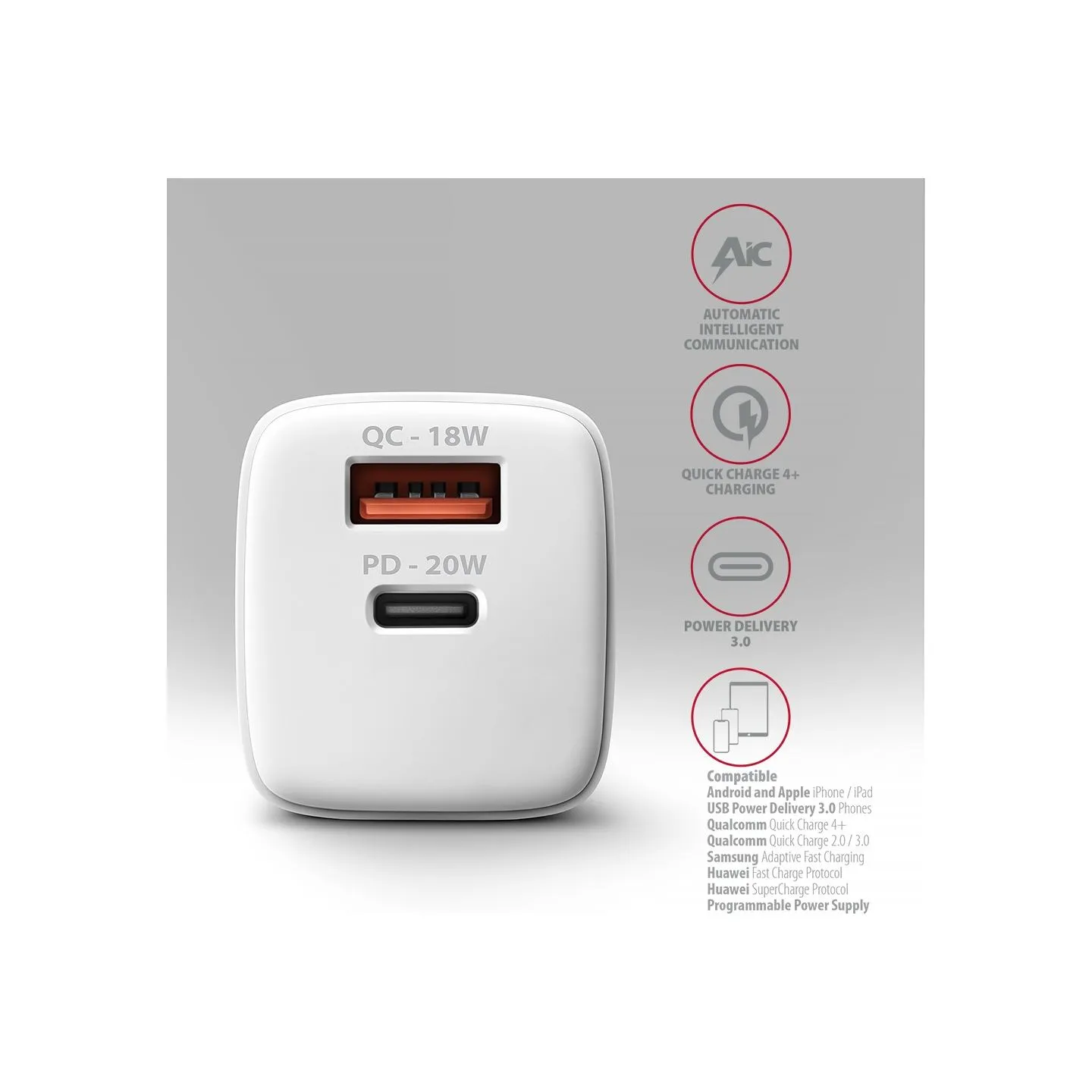 Axagon ACU-PQ20W wall charger QC3.0/AFC/FCP + PD type-C, 20W, white