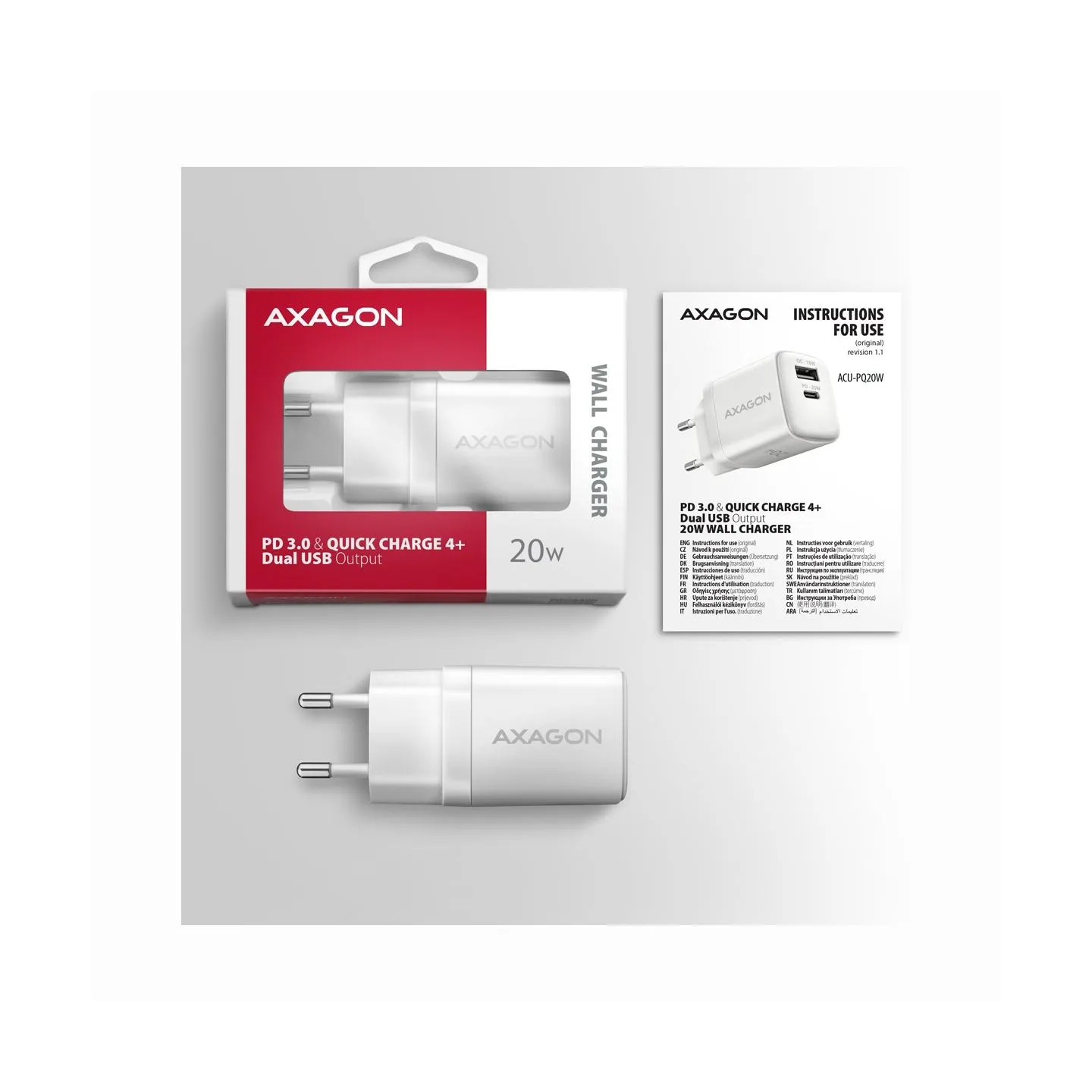 Axagon ACU-PQ20W wall charger QC3.0/AFC/FCP + PD type-C, 20W, white