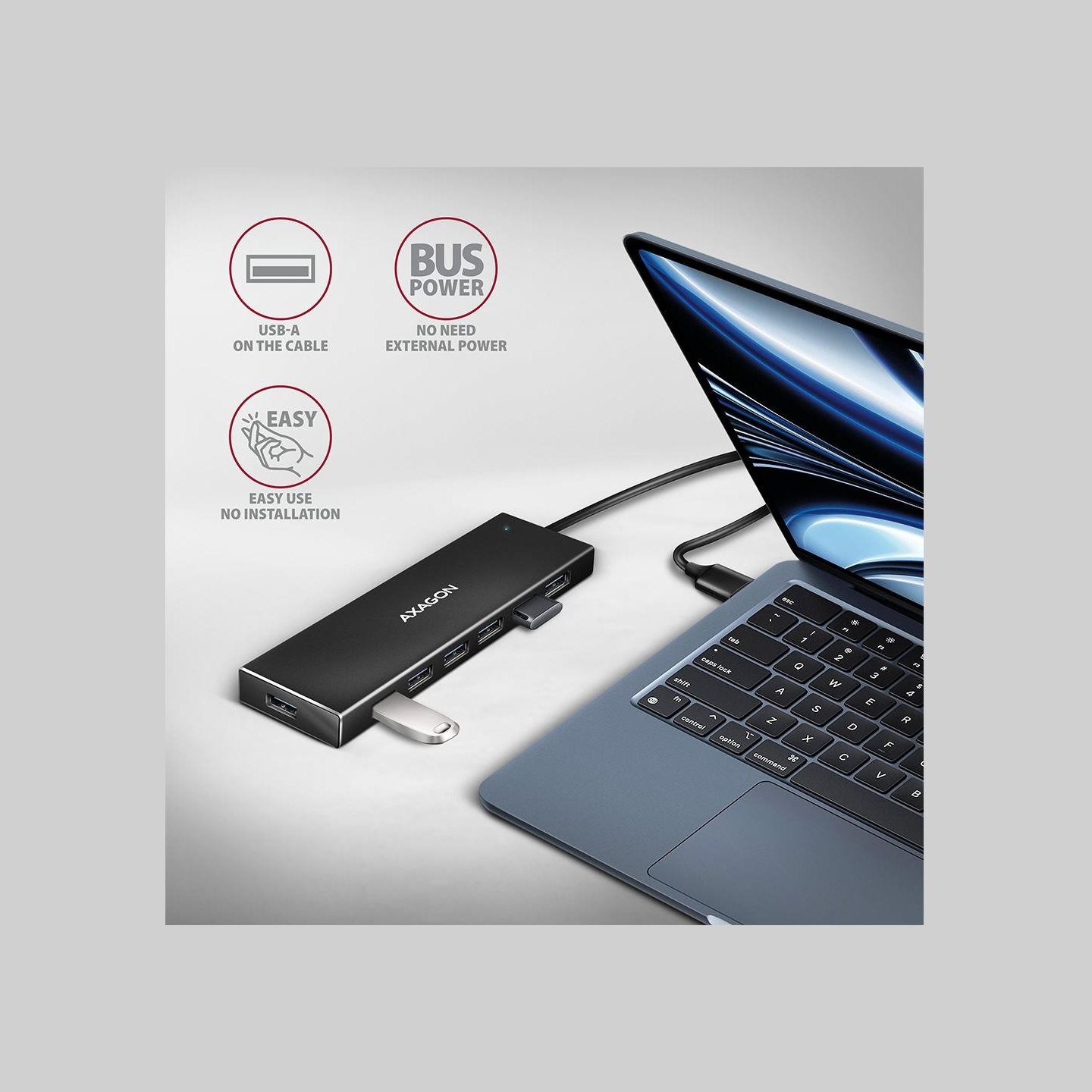 Axagon Seven-port USB 3.2 Gen 1 hub with charging support. Connector for external power supply. USB-A cable 1 m.
