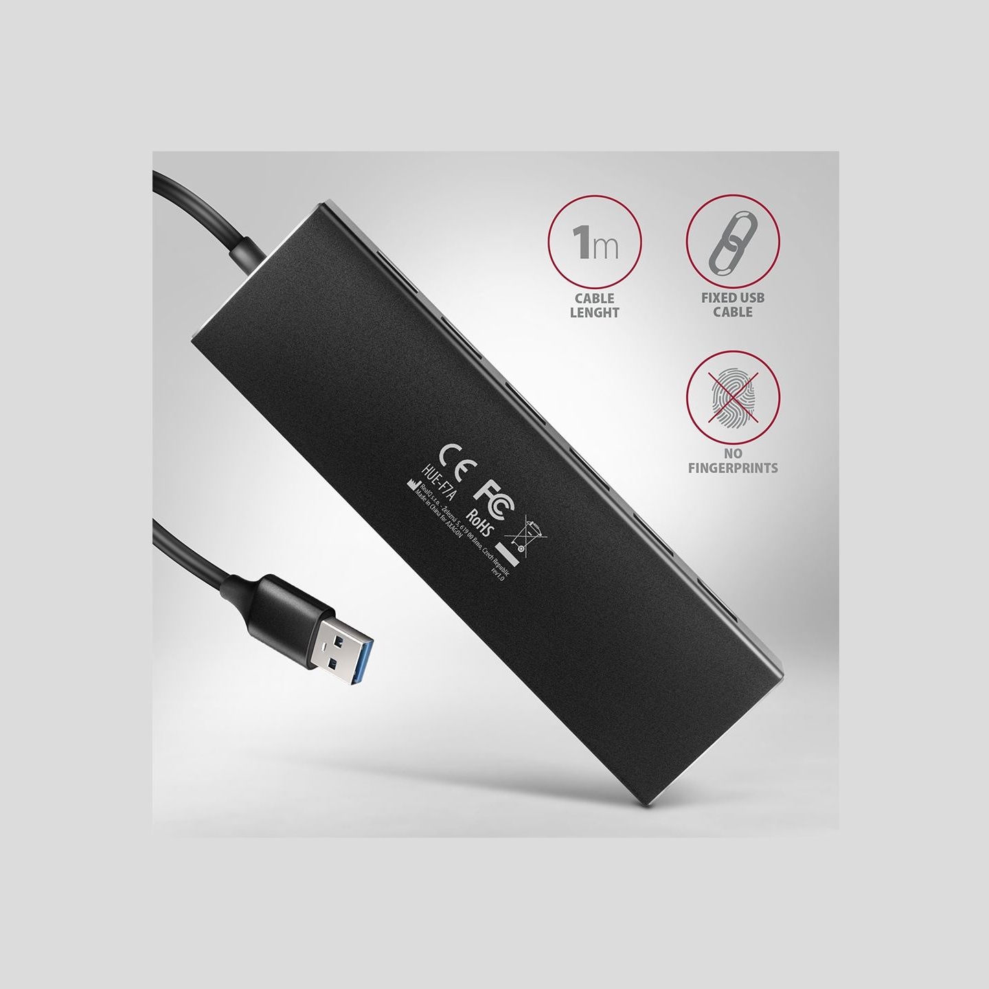 Axagon Seven-port USB 3.2 Gen 1 hub with charging support. Connector for external power supply. USB-A cable 1 m.