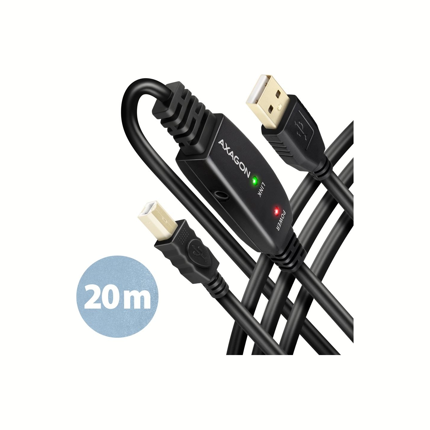 Axagon Active connection USB 2.0 A-M > B-M cable, 20 m long. Power supply option.