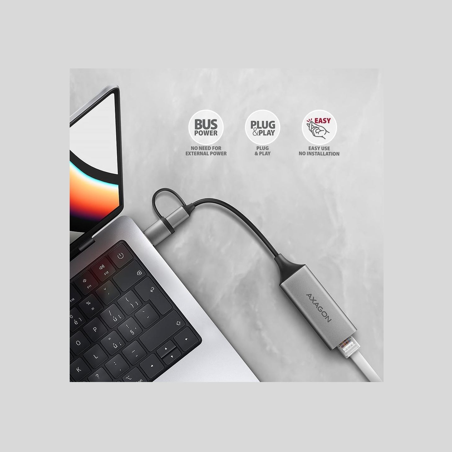 Axagon ADE-TXCA USB-C USB3.2 Gen 1 + USB-A reduction- Gigabit Ethernet 10/100/1000 Adapter, metal, titan grey