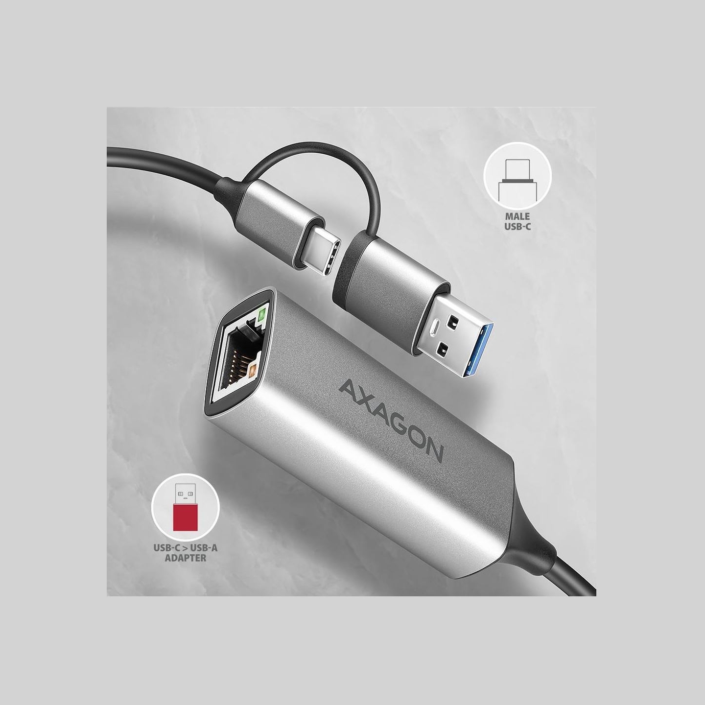 Axagon ADE-TXCA USB-C USB3.2 Gen 1 + USB-A reduction- Gigabit Ethernet 10/100/1000 Adapter, metal, titan grey