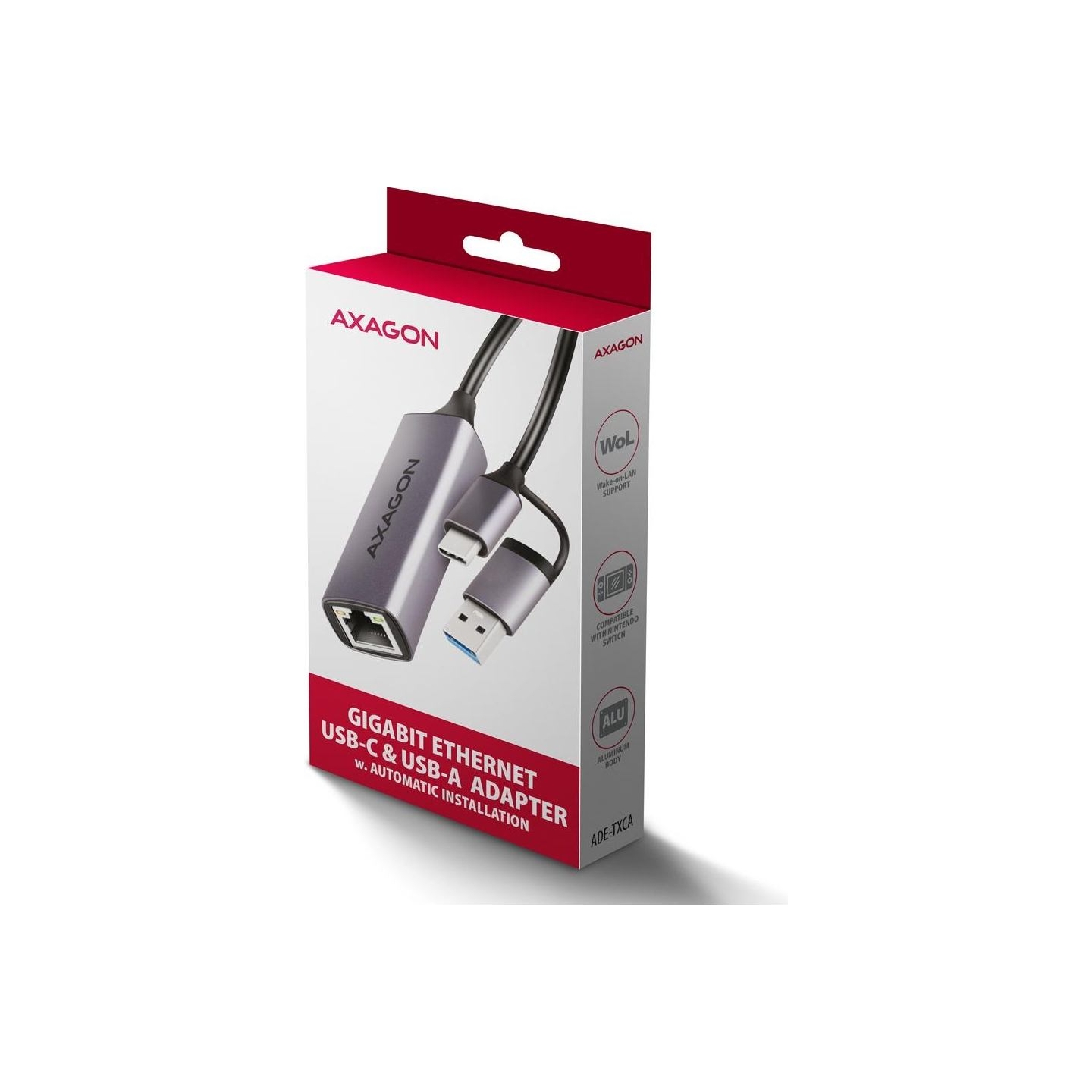 Axagon ADE-TXCA USB-C USB3.2 Gen 1 + USB-A reduction- Gigabit Ethernet 10/100/1000 Adapter, metal, titan grey