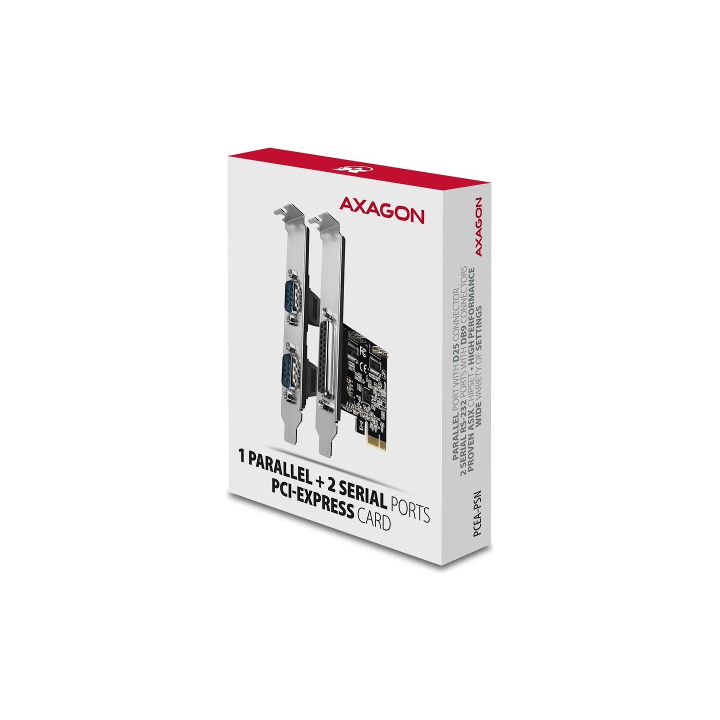 Axagon PCI-Express card with one parallel and two serial ports 250 kbps. ASIX AX99100. Standard & Low profile.