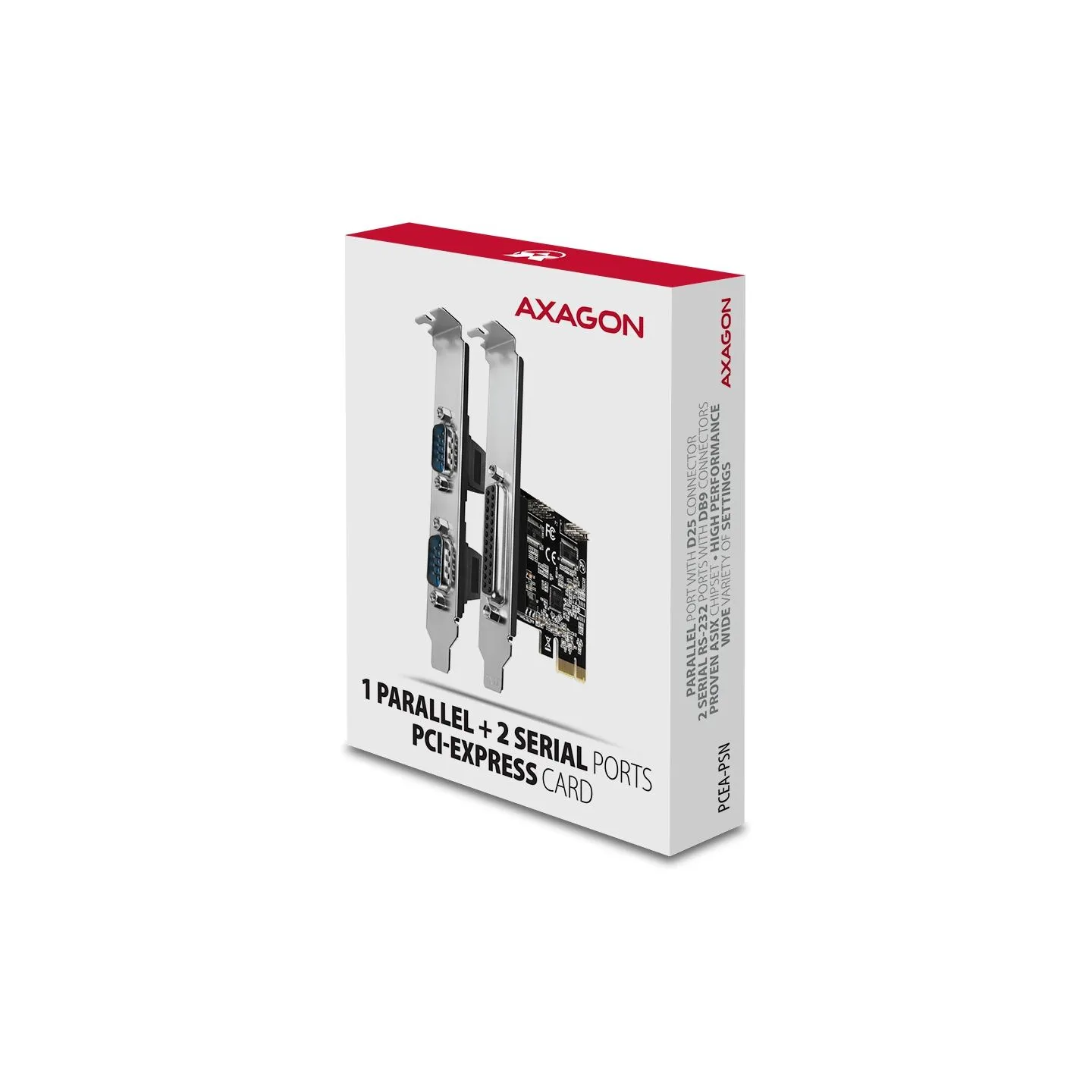Axagon PCI-Express card with one parallel and two serial ports 250 kbps. ASIX AX99100. Standard & Low profile.