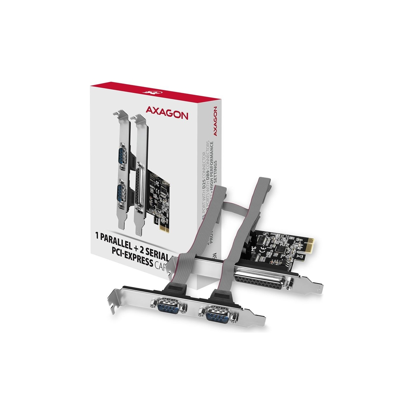 Axagon PCI-Express card with one parallel and two serial ports 250 kbps. ASIX AX99100. Standard & Low profile.