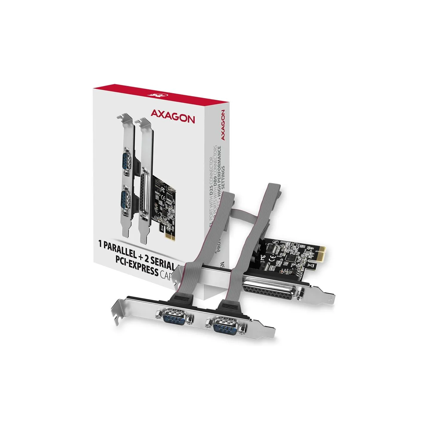 Axagon PCI-Express card with one parallel and two serial ports 250 kbps. ASIX AX99100. Standard & Low profile.