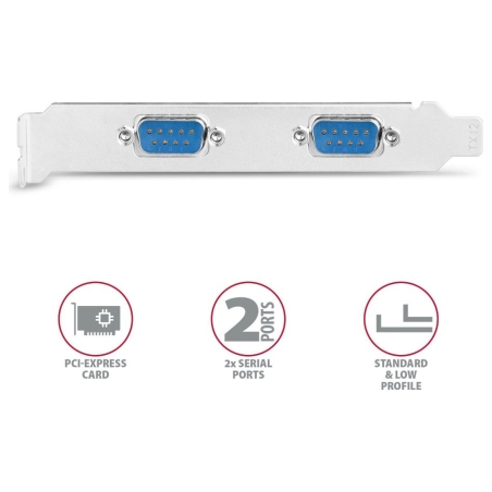 Axagon PCI-Express card with two 250 kbps serial ports. ASIX AX99100. Standard & Low Profile.