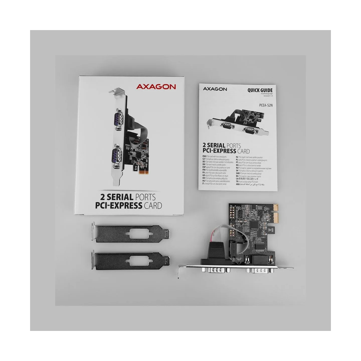 Axagon PCI-Express card with two 250 kbps serial ports. ASIX AX99100. Standard & Low Profile.
