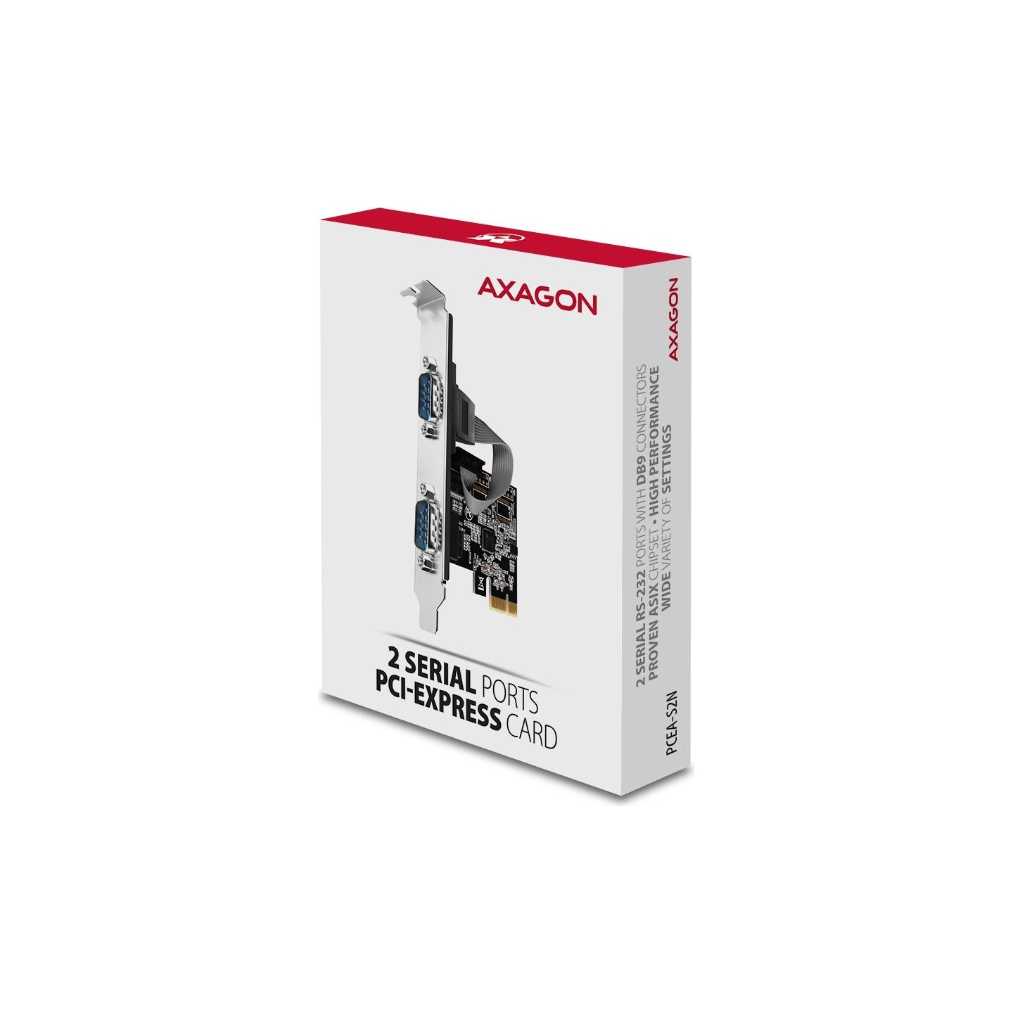 Axagon PCI-Express card with two 250 kbps serial ports. ASIX AX99100. Standard & Low Profile.