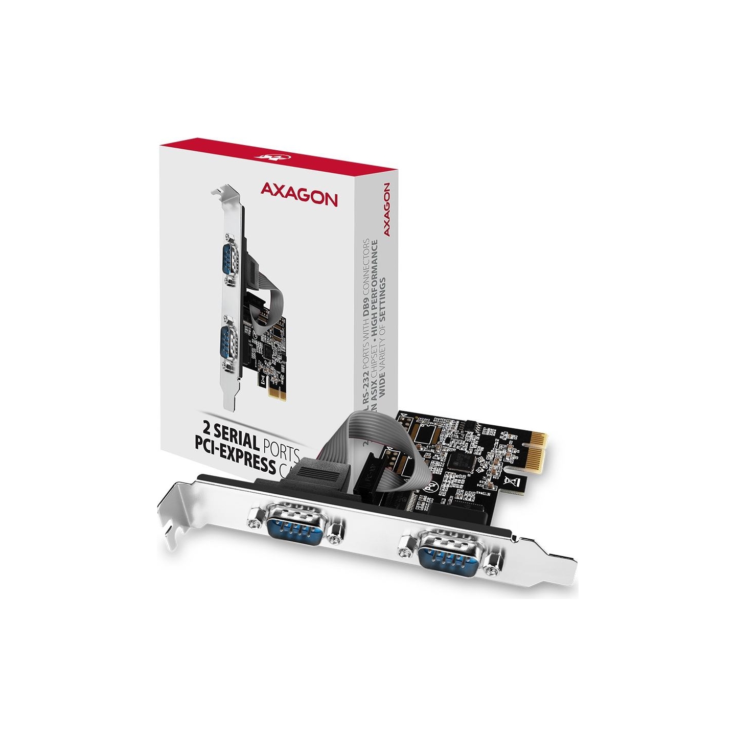 Axagon PCI-Express card with two 250 kbps serial ports. ASIX AX99100. Standard & Low Profile.