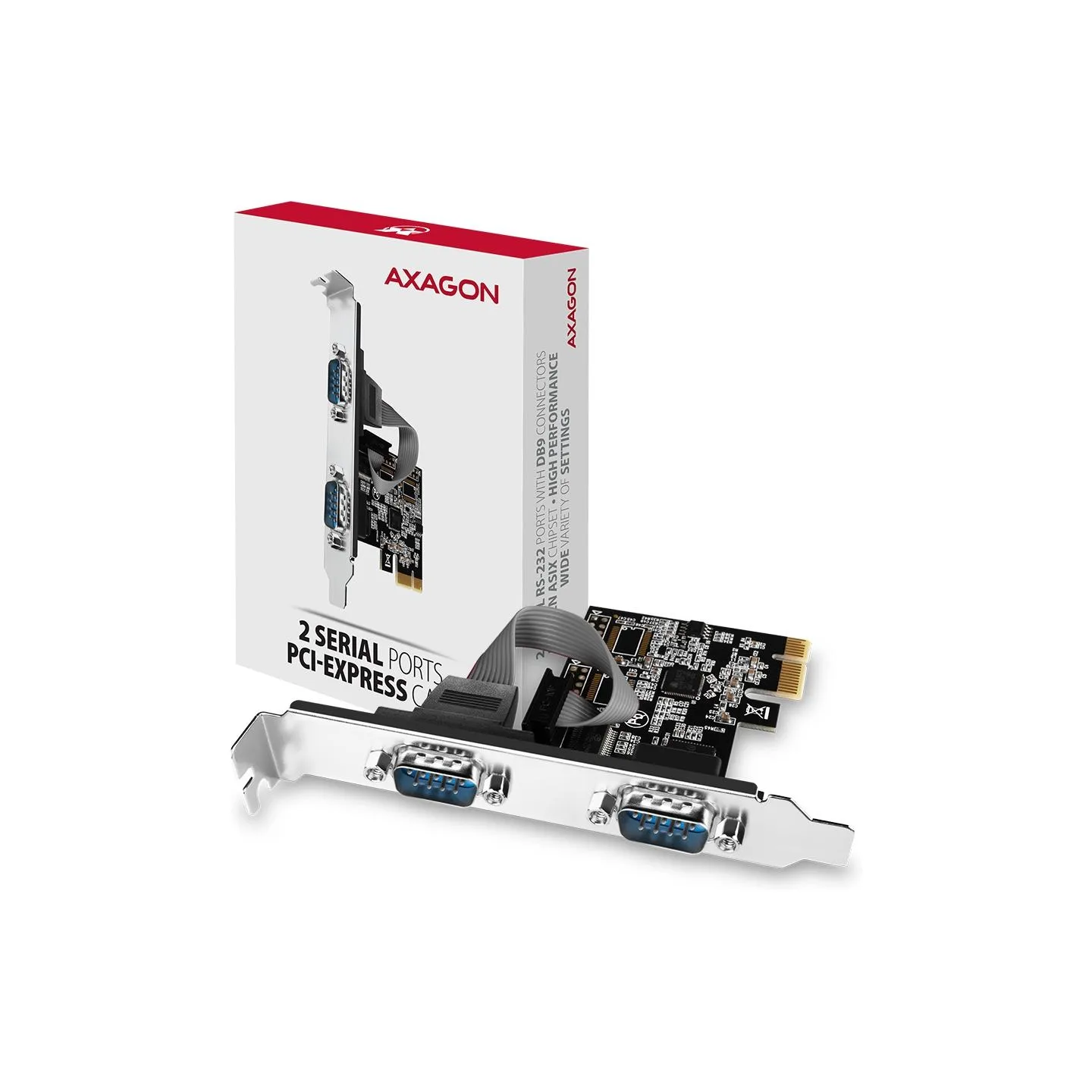 Axagon PCI-Express card with two 250 kbps serial ports. ASIX AX99100. Standard & Low Profile.