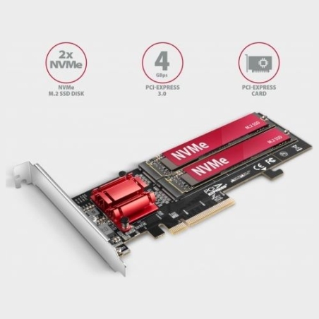 Axagon PCEM2-ND PCIE 2X NVME M.2 CONTROLLERPCI-Express x8 internal controller for connecting two NVMe M.2 SSD disks to a compute