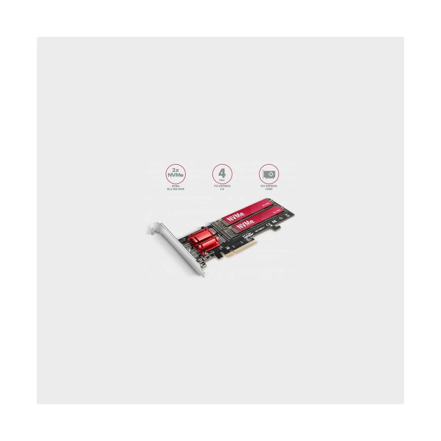 Axagon PCEM2-ND PCE-E 3.0 8x - dual M.2 NVMe M-key slot adapter w. dataswitch, SP & LP, up to 110mm SSD