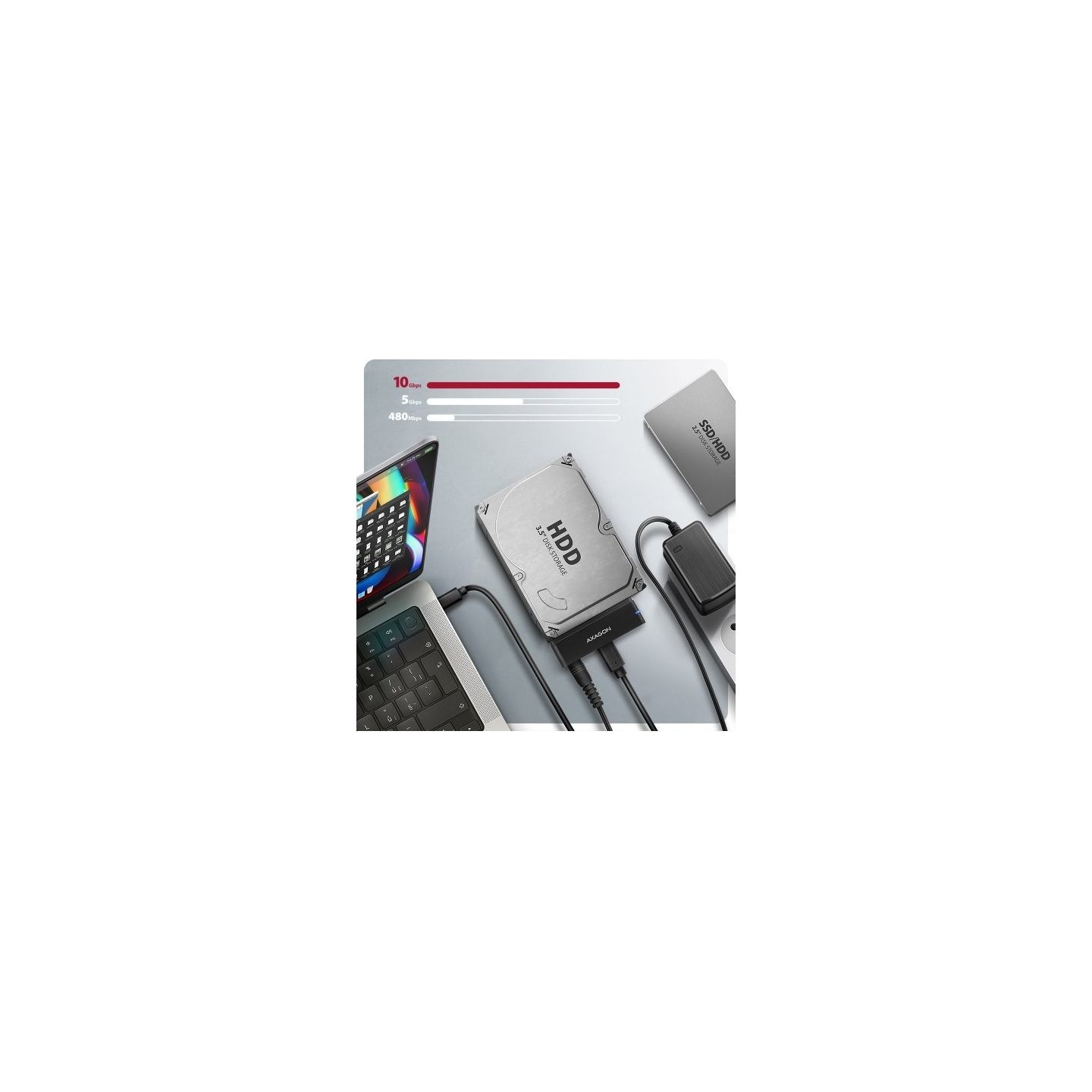 Axagon Adapter USB-C ADSA-FPX 10Gbps SATA 6G 2.5/3.5 inches SSD/HDD FASTPORT X, w tym zasilacz, 60cm USB-C/USB-A cable
