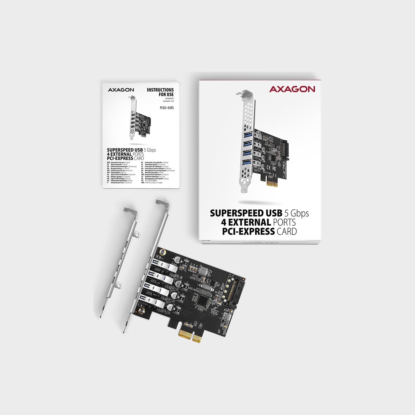 Axagon PCI-Express card with four external USB 3.2 Gen1 ports with dual power. Renesas chipset. Standard & Low profile.