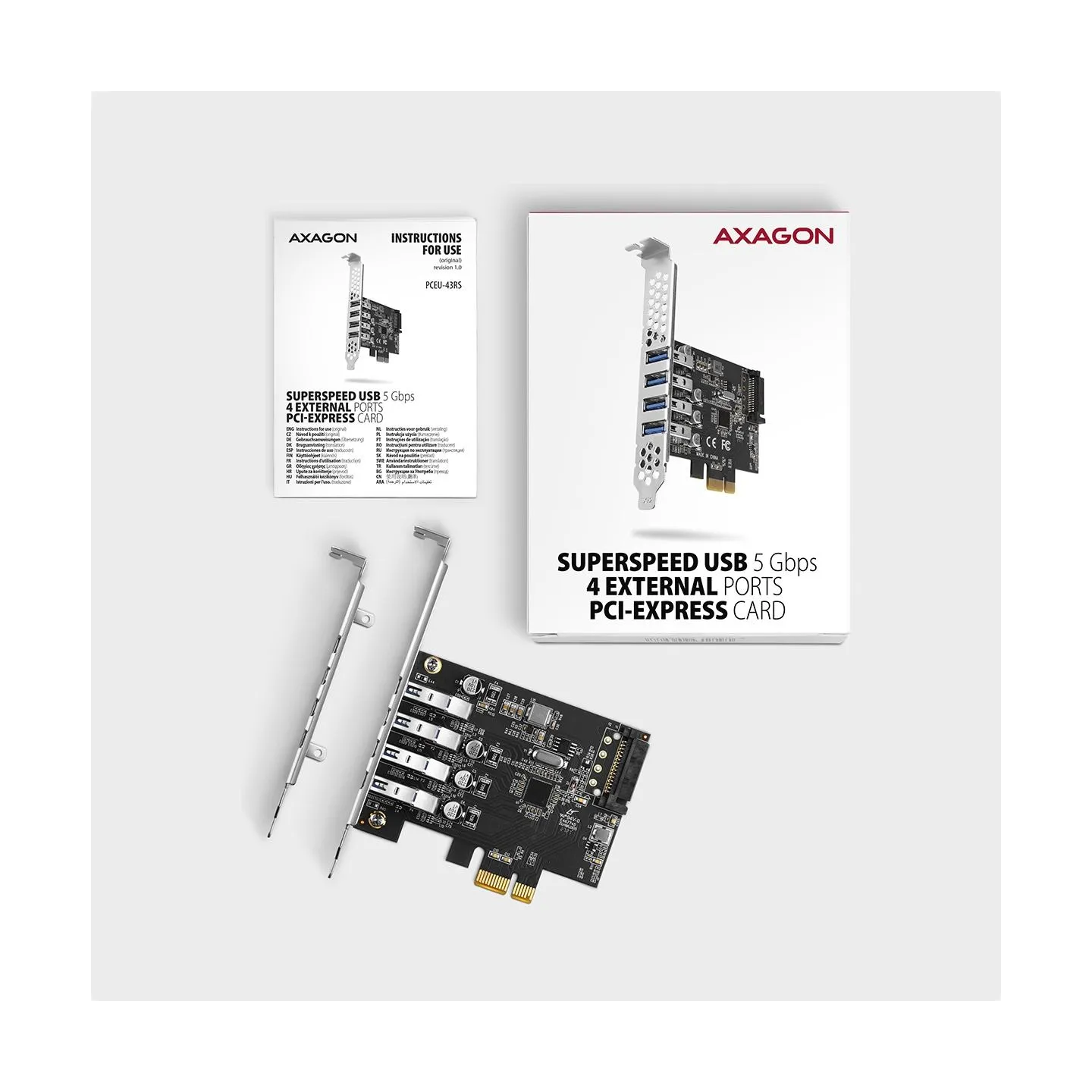Axagon PCI-Express card with four external USB 3.2 Gen1 ports with dual power. Renesas chipset. Standard & Low profile.