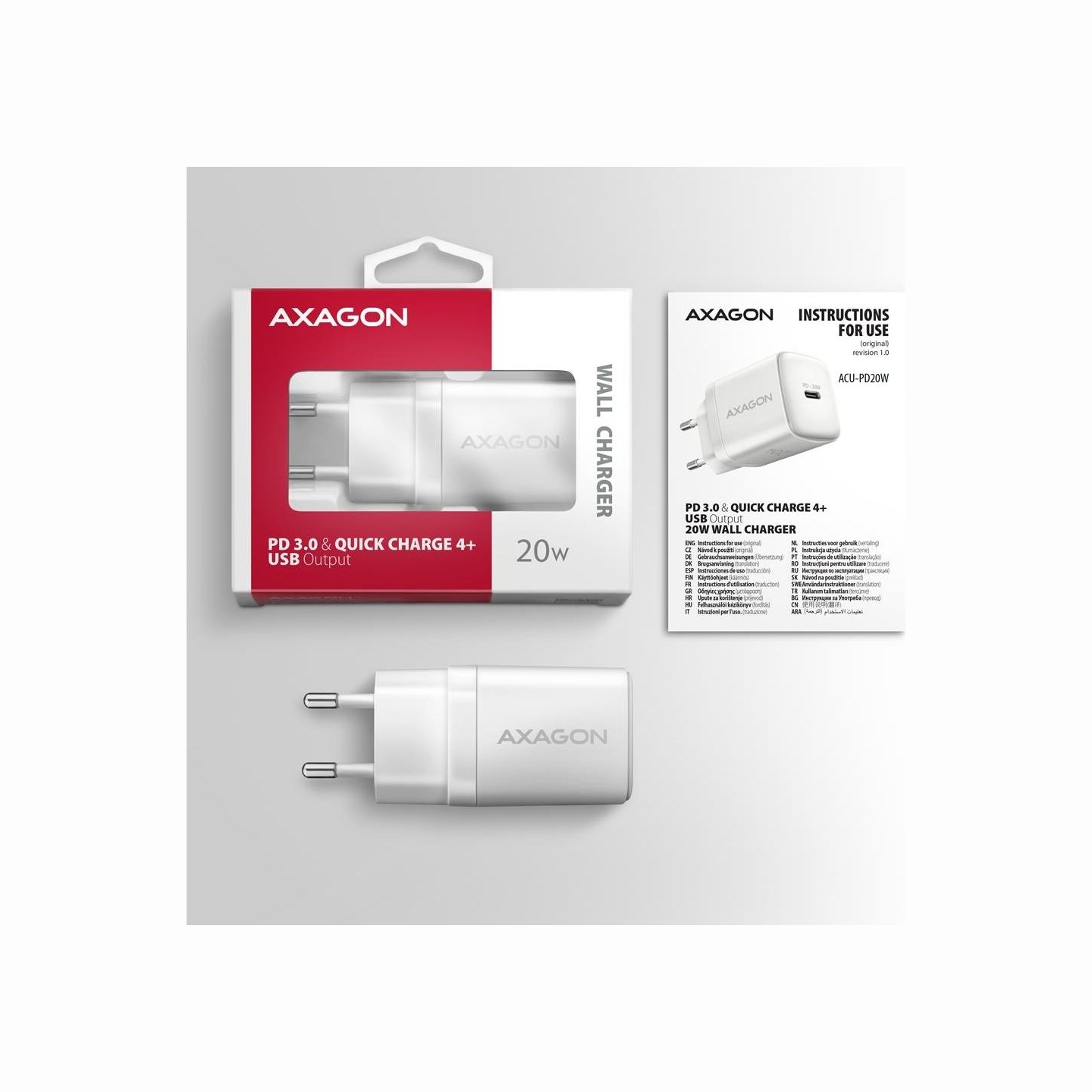 Axagon ACU-PD20W wall charger 1x QC3.0/AFC/FCP/PD type-C, 20W, white