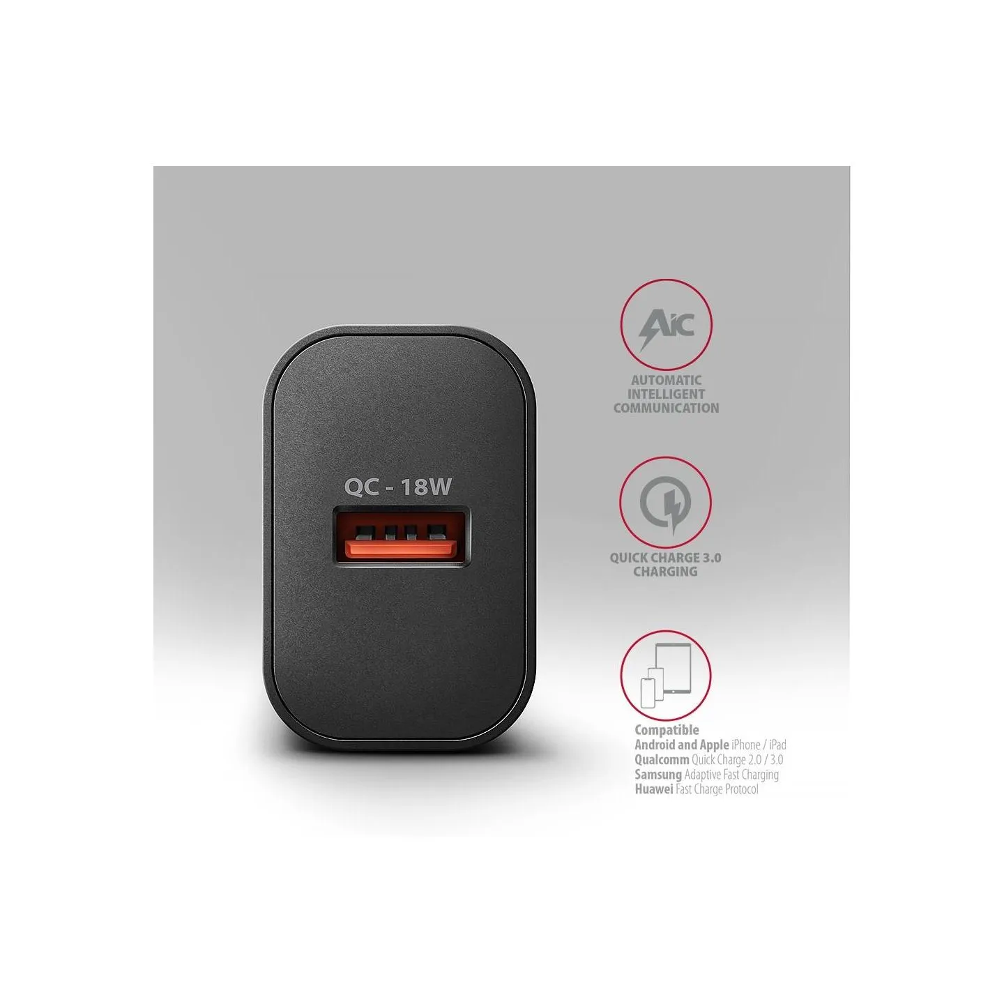 Axagon ACU-QC18 wall charger 1x QC3.0/AFC/FCP/SMART, 18W, black
