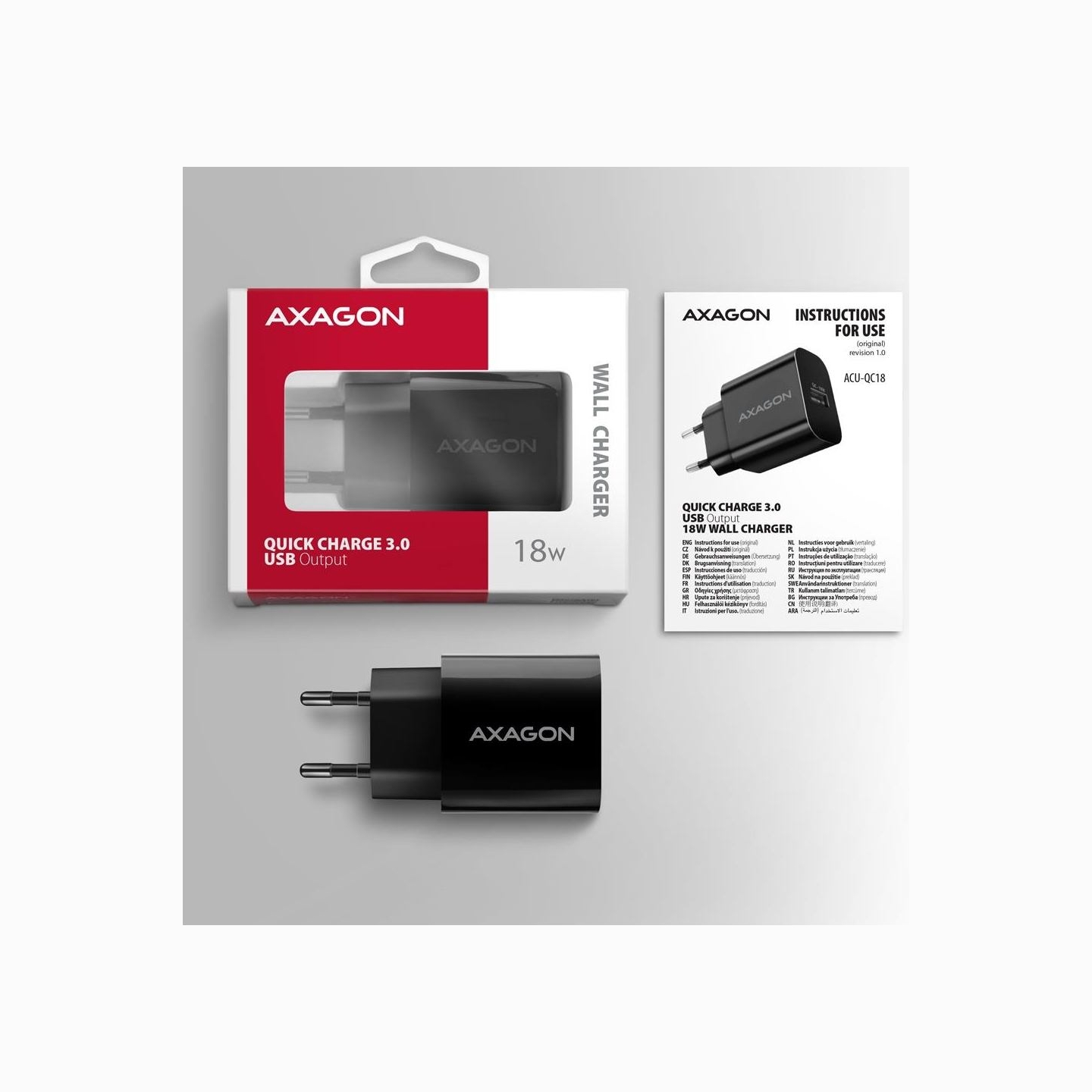 Axagon ACU-QC18 wall charger 1x QC3.0/AFC/FCP/SMART, 18W, black