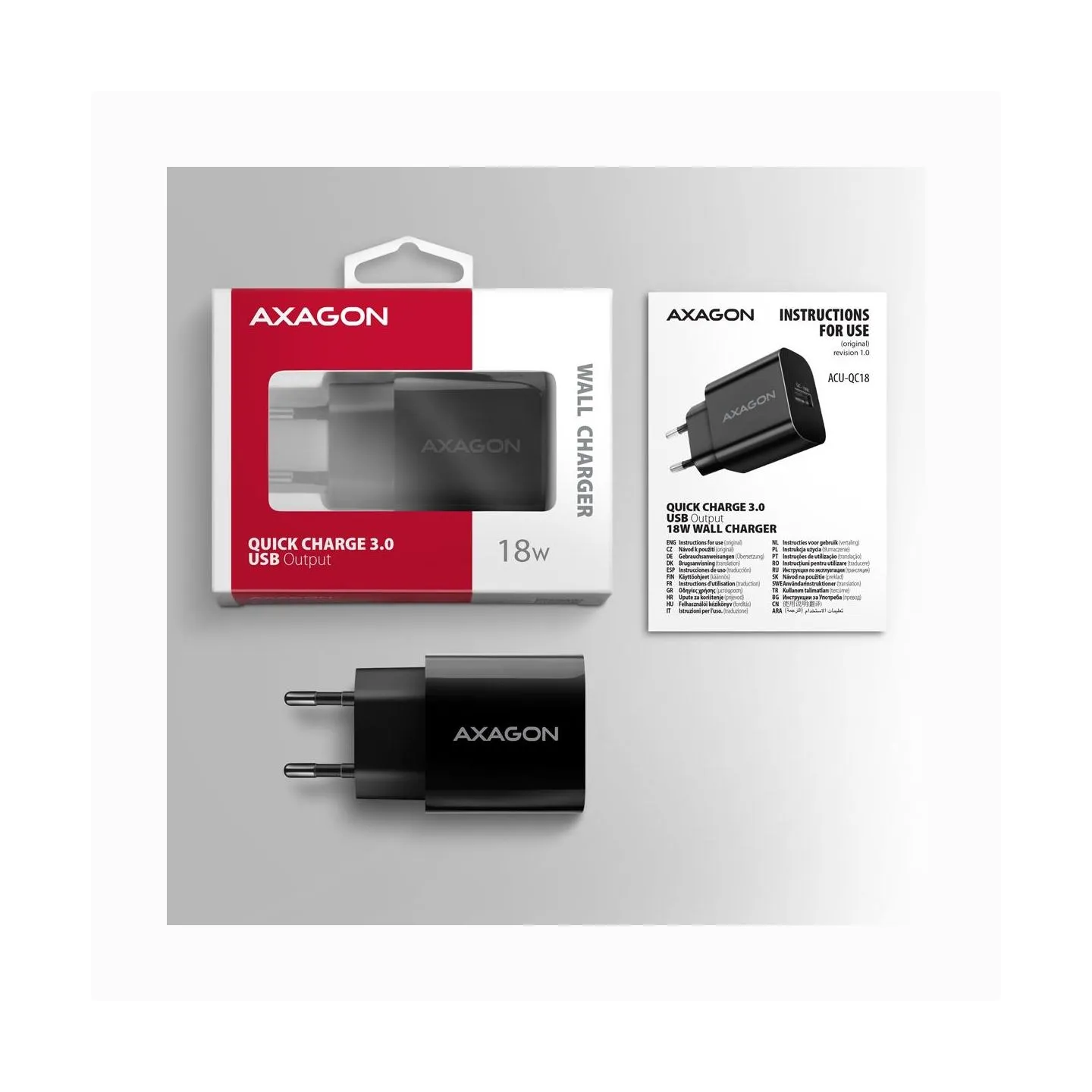 Axagon ACU-QC18 wall charger 1x QC3.0/AFC/FCP/SMART, 18W, black