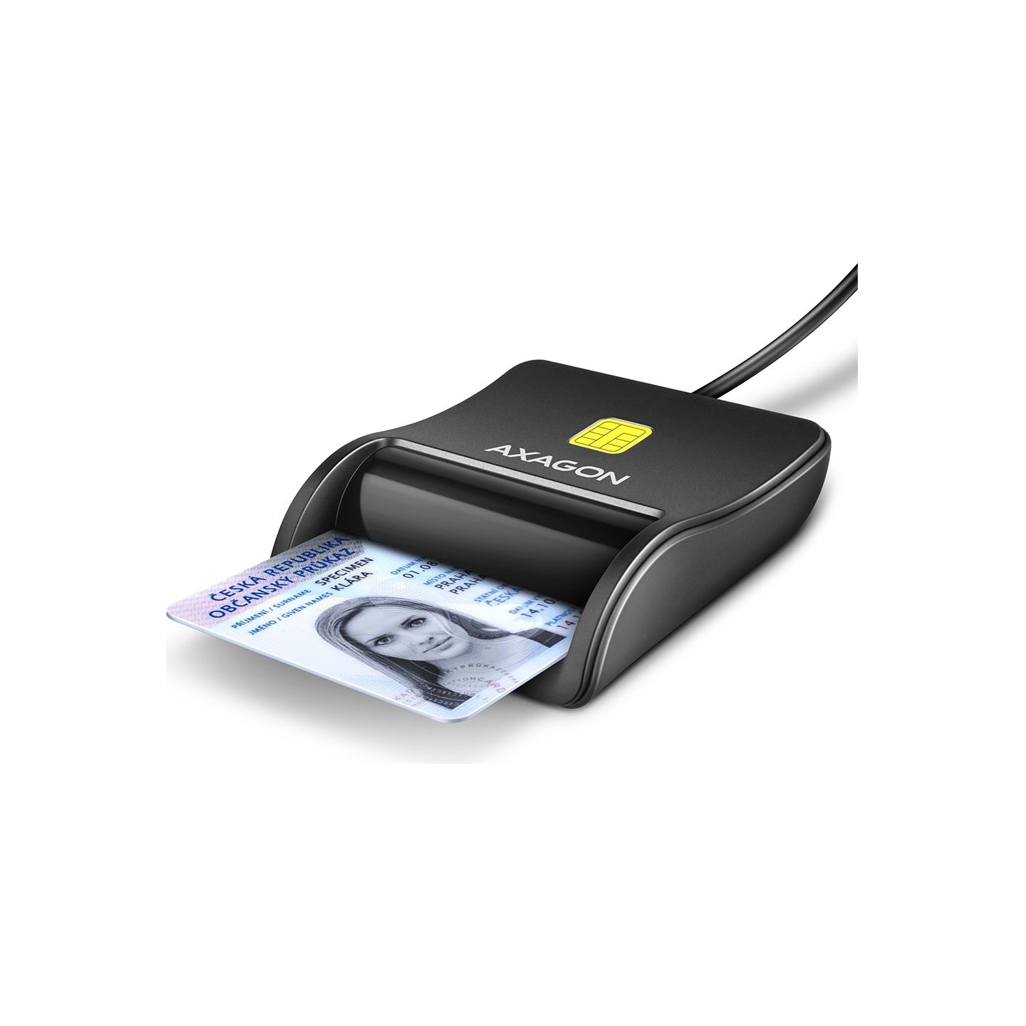 Axagon Compact desktop USB contact Smart / ID card reader with long, USB-A cable.