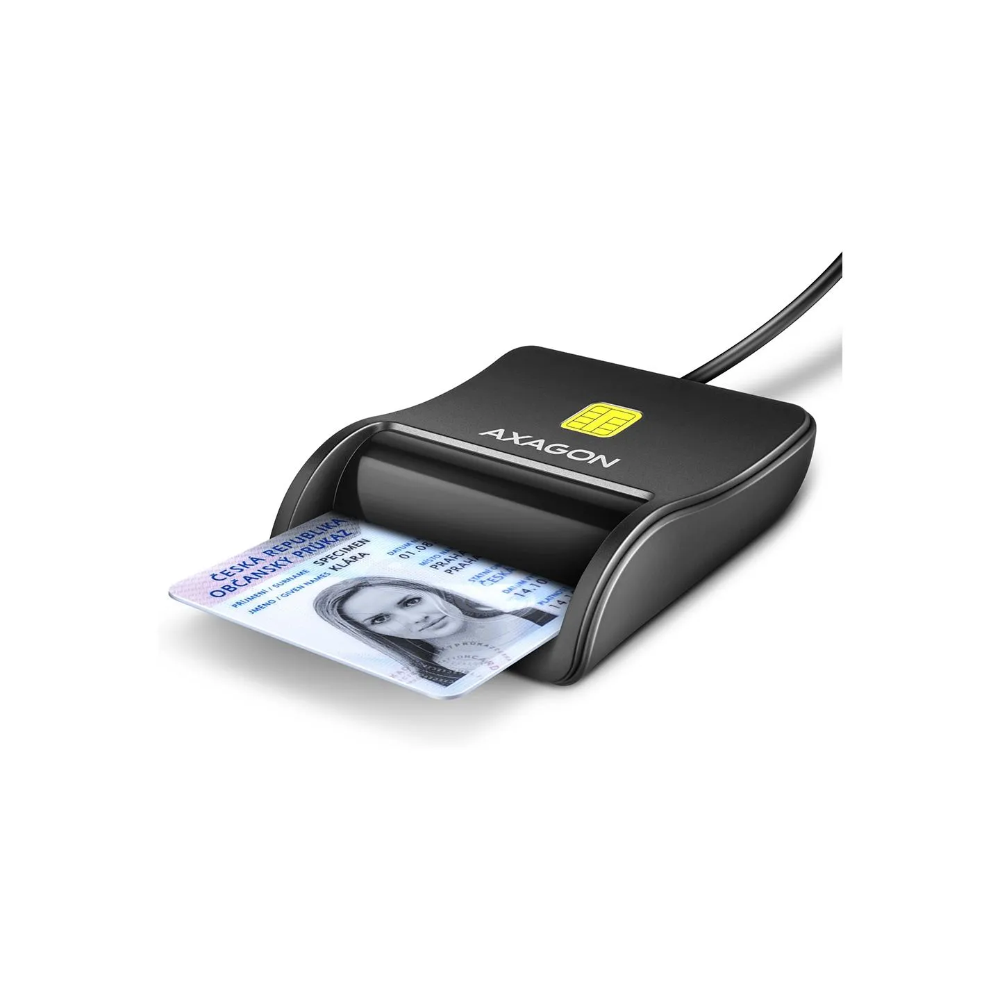 Axagon Compact desktop USB contact Smart / ID card reader with long, USB-A cable.