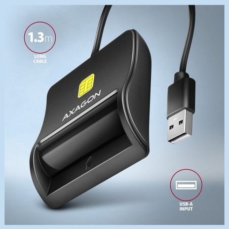 Axagon Compact desktop USB contact Smart / ID card reader with long, USB-A cable.