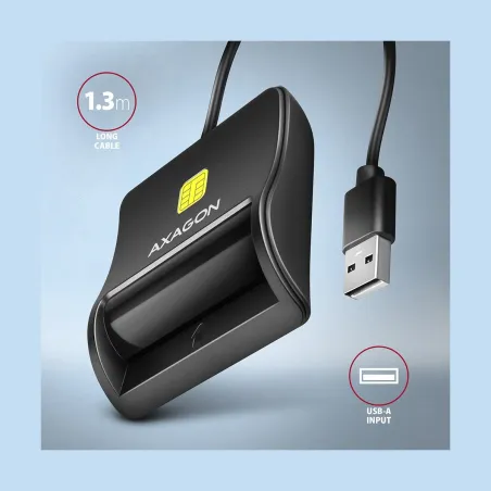 Axagon Compact desktop USB contact Smart / ID card reader with long, USB-A cable.