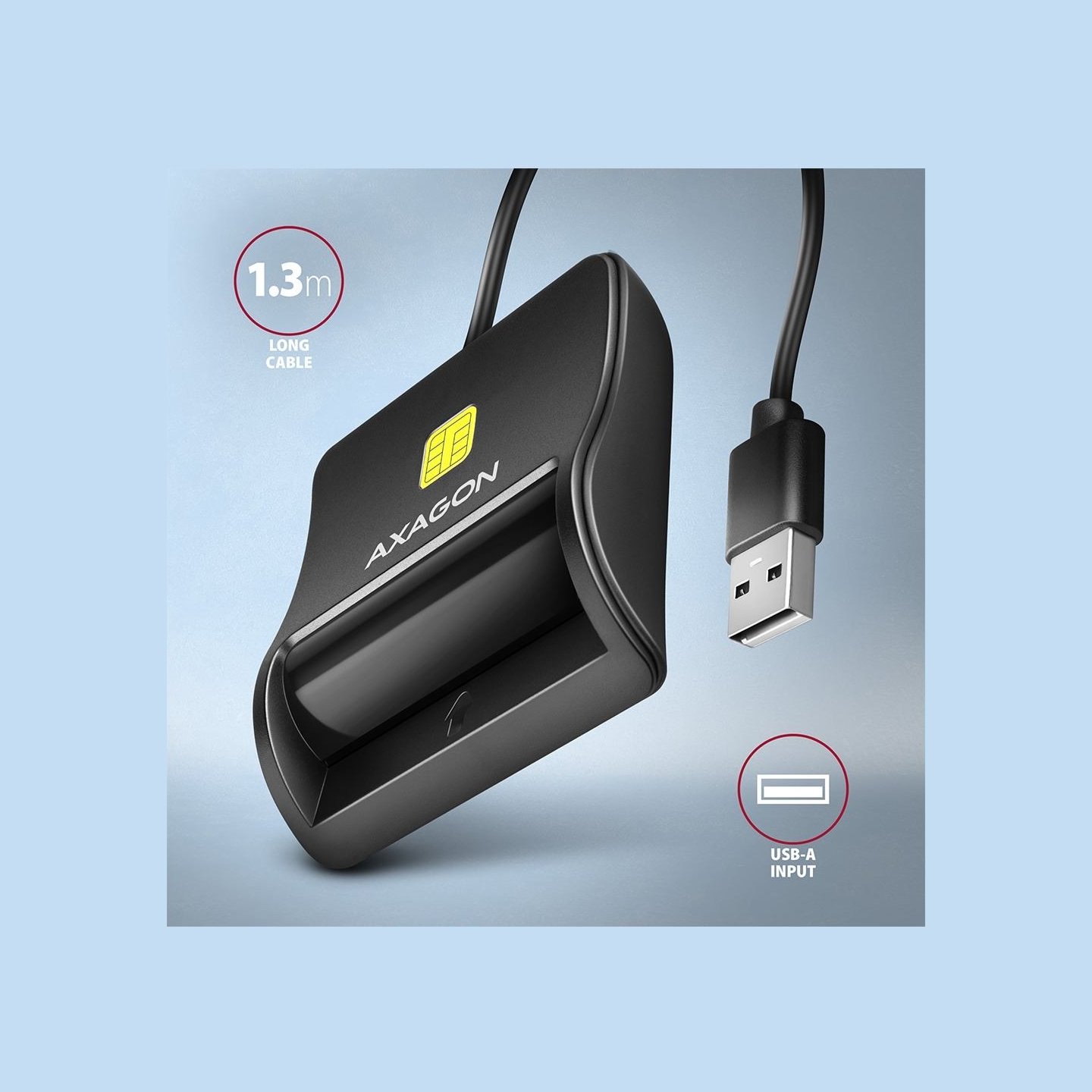 Axagon Compact desktop USB contact Smart / ID card reader with long, USB-A cable.